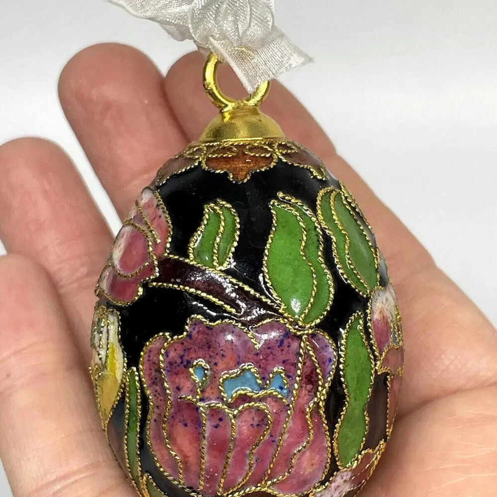 Pink Black Gold Floral Cloisonne‎ EGG Ornament Vintage